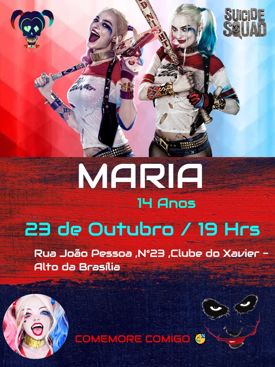 Convite de Aniversário Arlequina Esquadrão Suicida para Editar