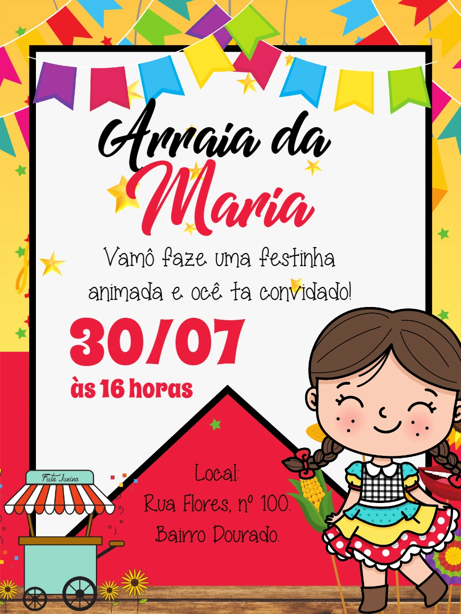 Convite Aniversário Festa Junina Menina Caipira para Editar Online