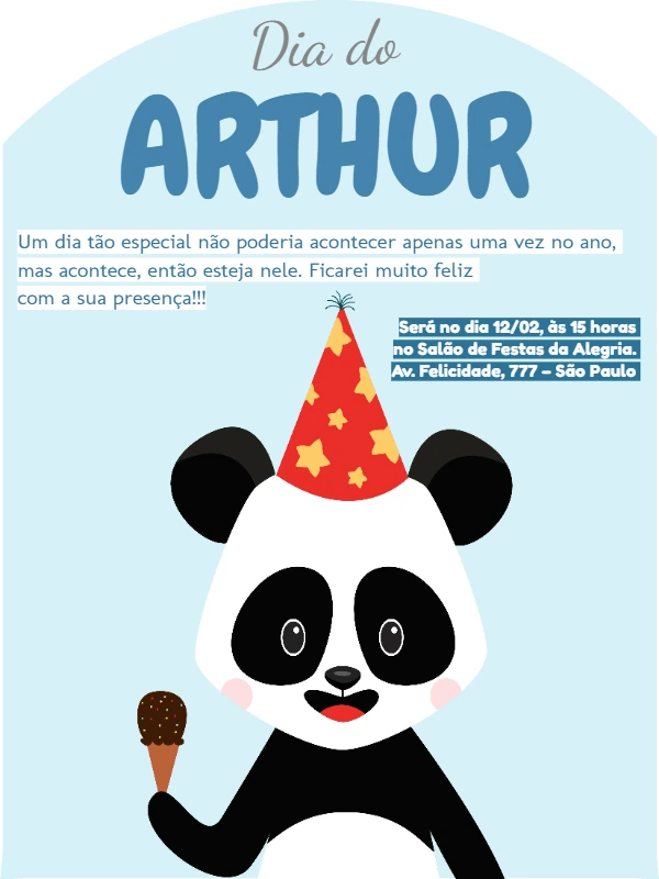 Convite de Aniversário Panda Fofo para Editar e Imprimir