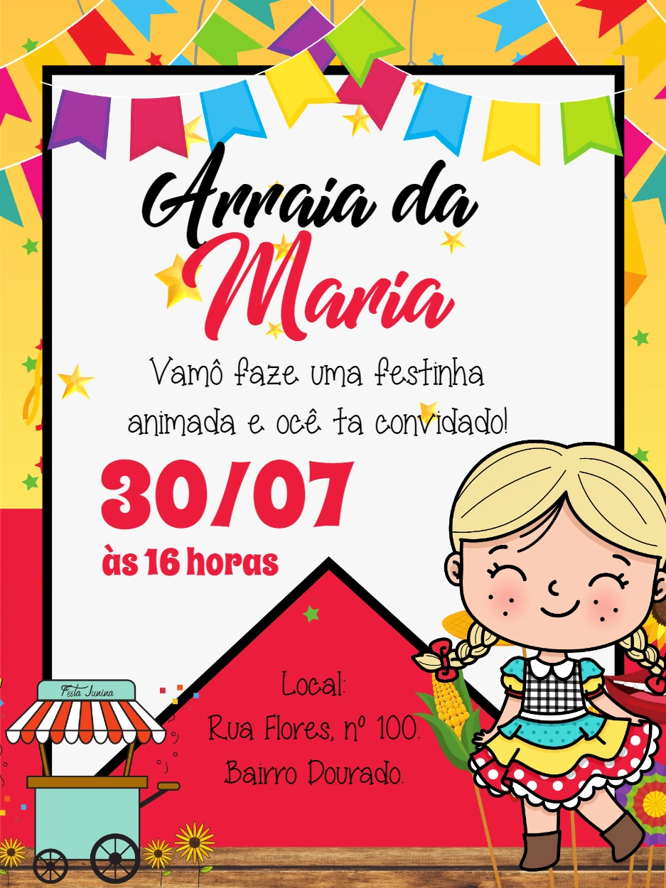Convite Aniversário Arraiá Menina Caipira para Editar Online