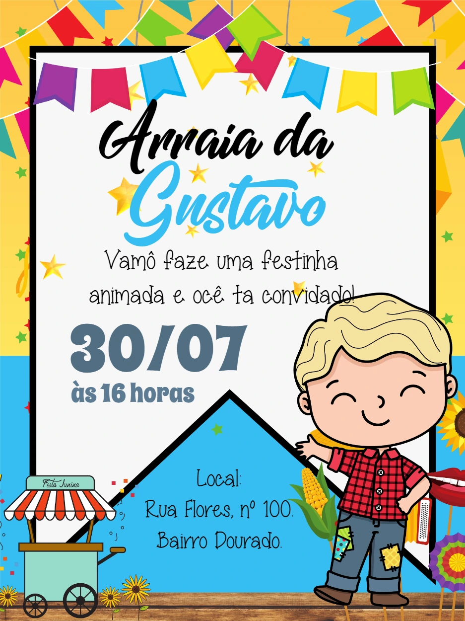 Convite Aniversário Festa Junina Menino para Editar Online
