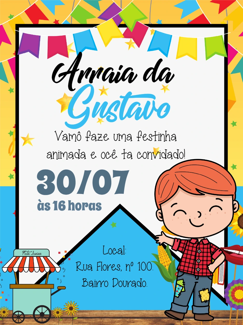 Convite Festa Junina Aniversário Menino Caipira para Editar