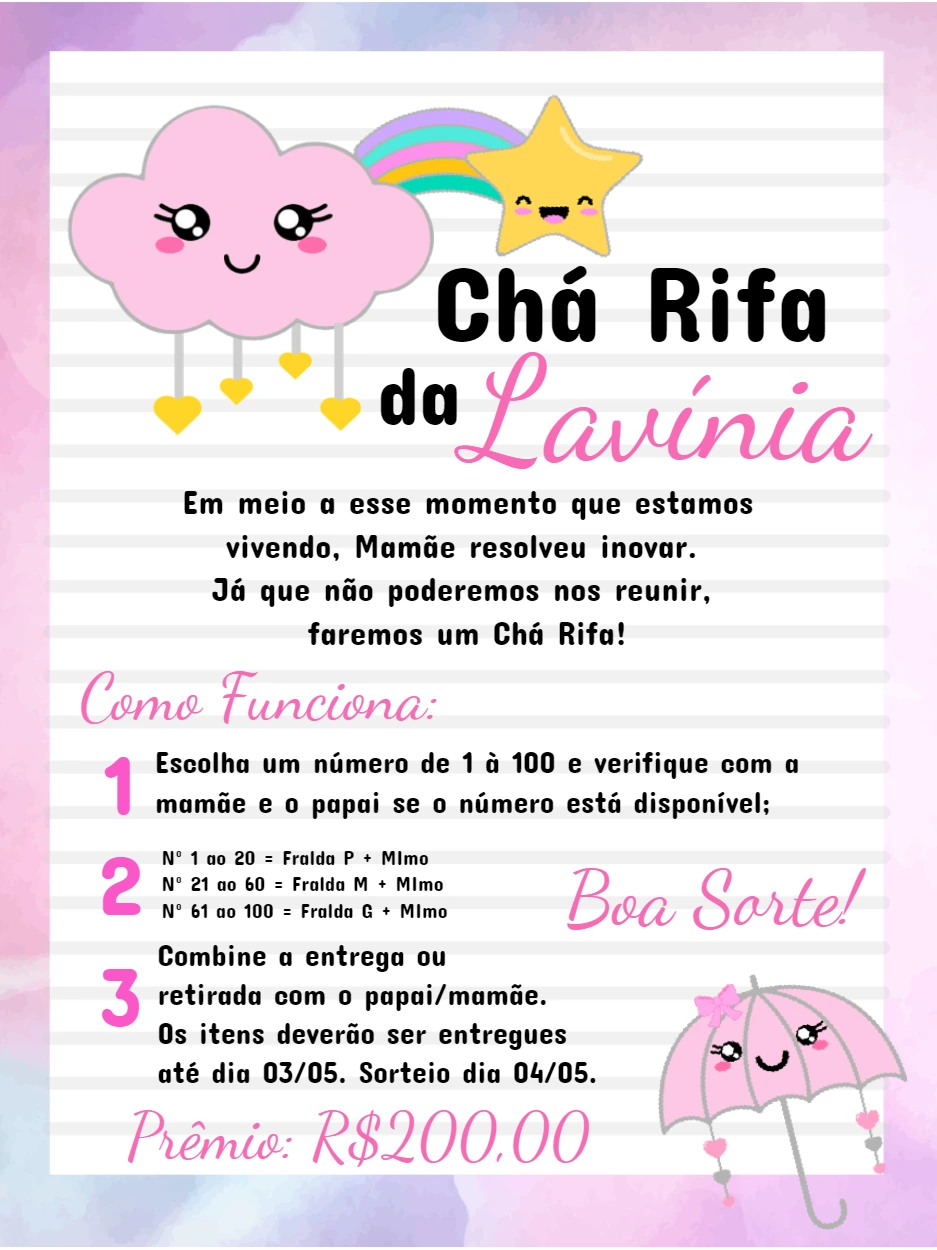 Convite Chá Rifa Chuva de Amor com Nuvem Fofa para Editar