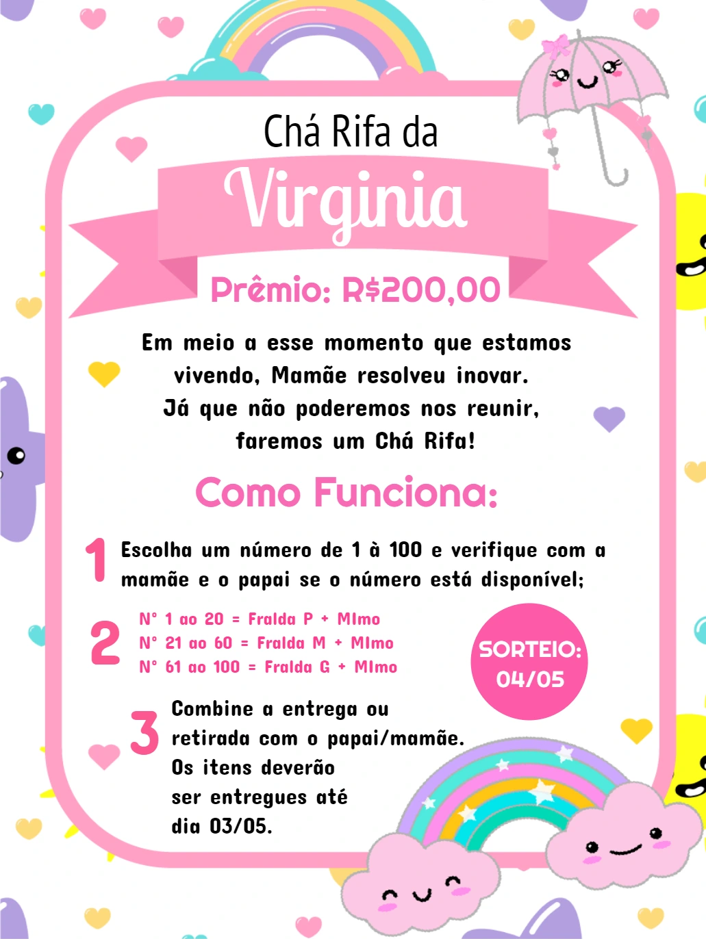 Convite Chá Rifa Chuva de Amor para Editar Online