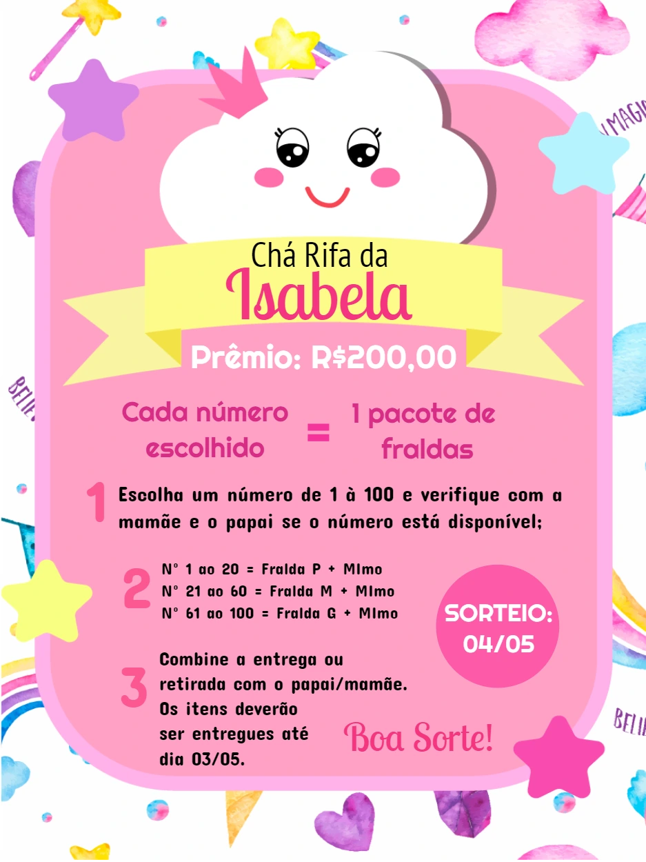 Convite Chá Rifa Chuva de Amor com Nuvem Fofa para Editar