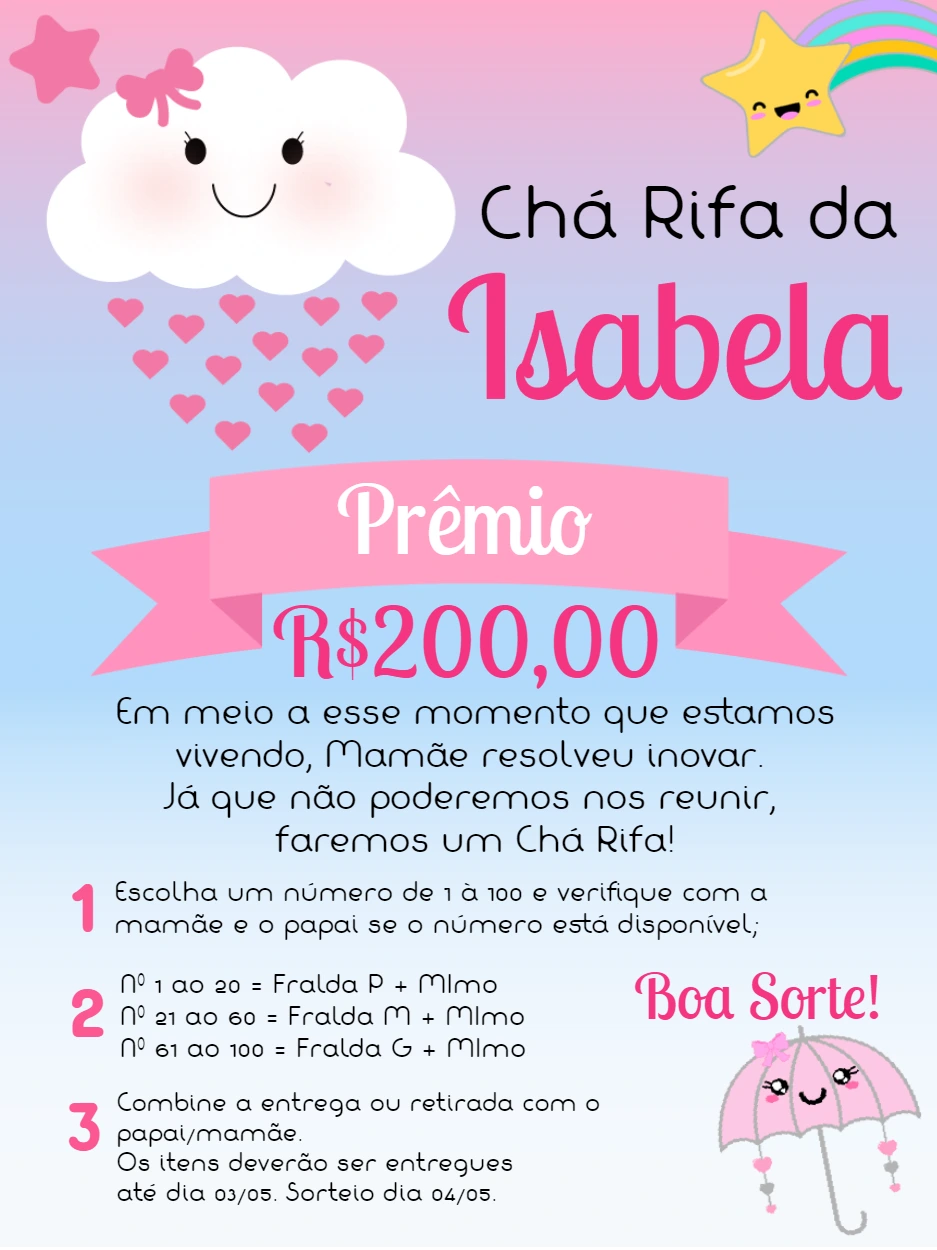 Convite Chá Rifa Chuva de Amor para Editar e Enviar Online