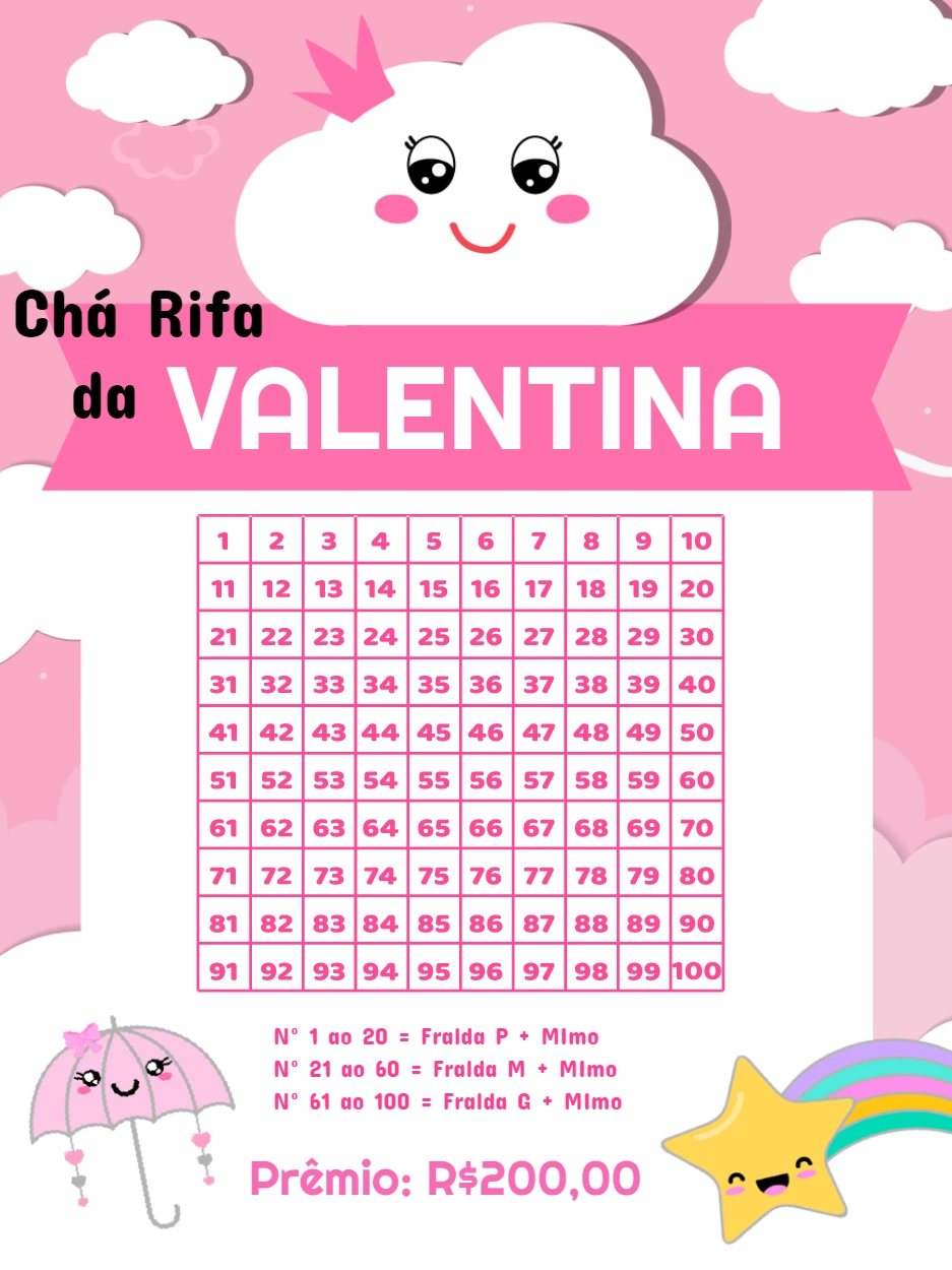 Chá Rifa Chuva de Amor Rosa com Nuvens para Editar Online