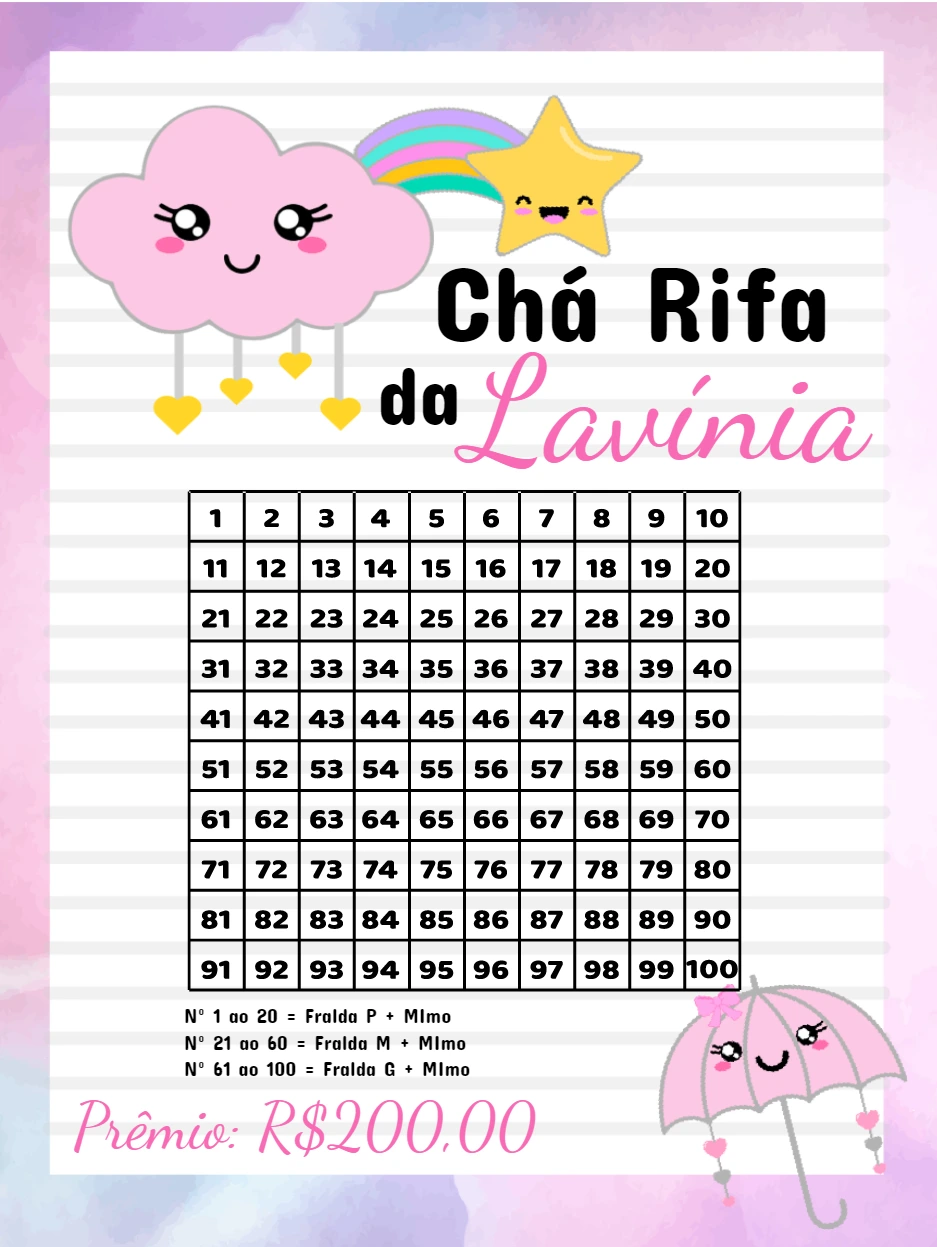 Chá Rifa Chuva de Amor com Nuvens Fofas para Editar Online