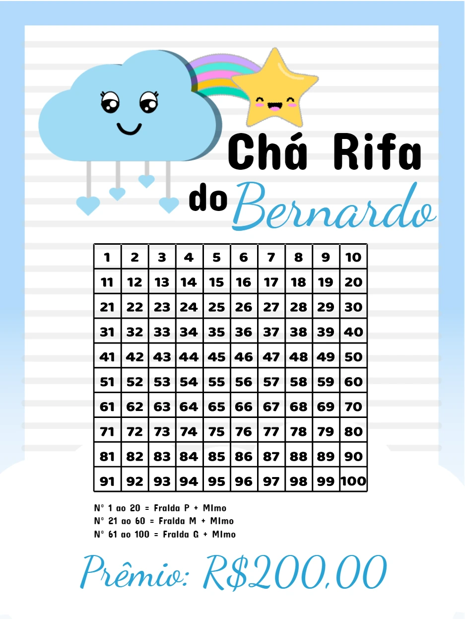 Chá Rifa Chuva de Amor Editável com Nuvem e Estrela Fofa