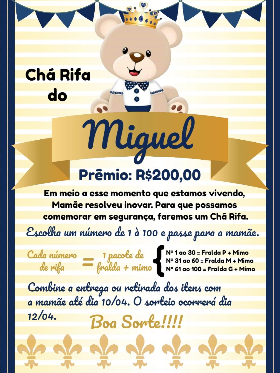 Convite Chá Rifa Ursinho Príncipe para Editar Online