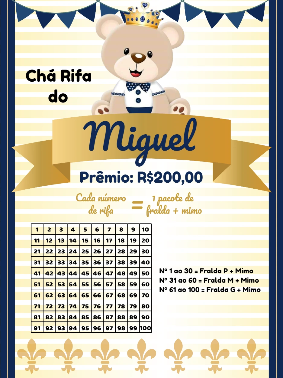 Rifa Chá de Bebê Ursinho Príncipe para Editar Online