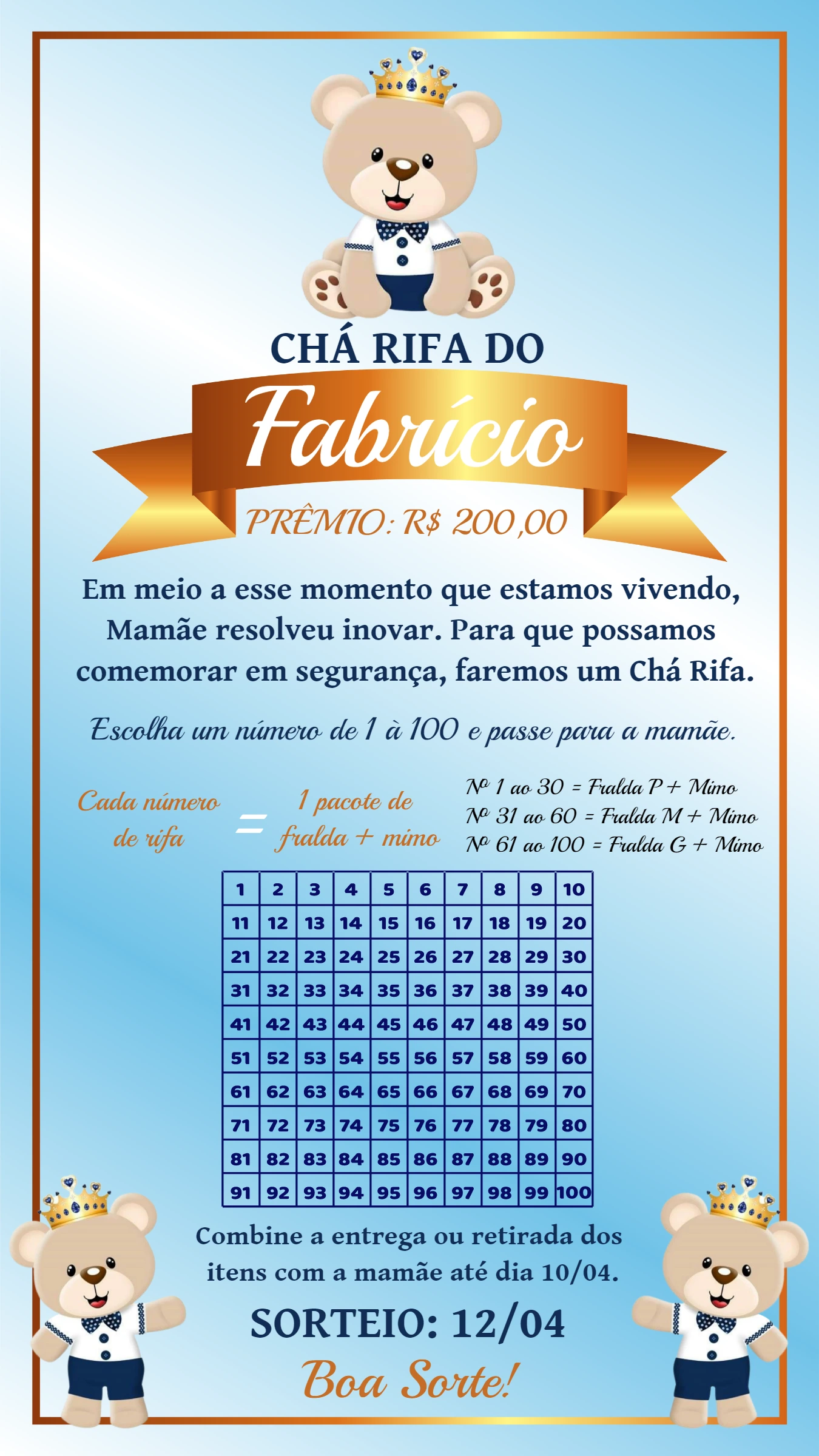 Convite Chá Rifa Ursinho Príncipe Editável Online para Imprimir