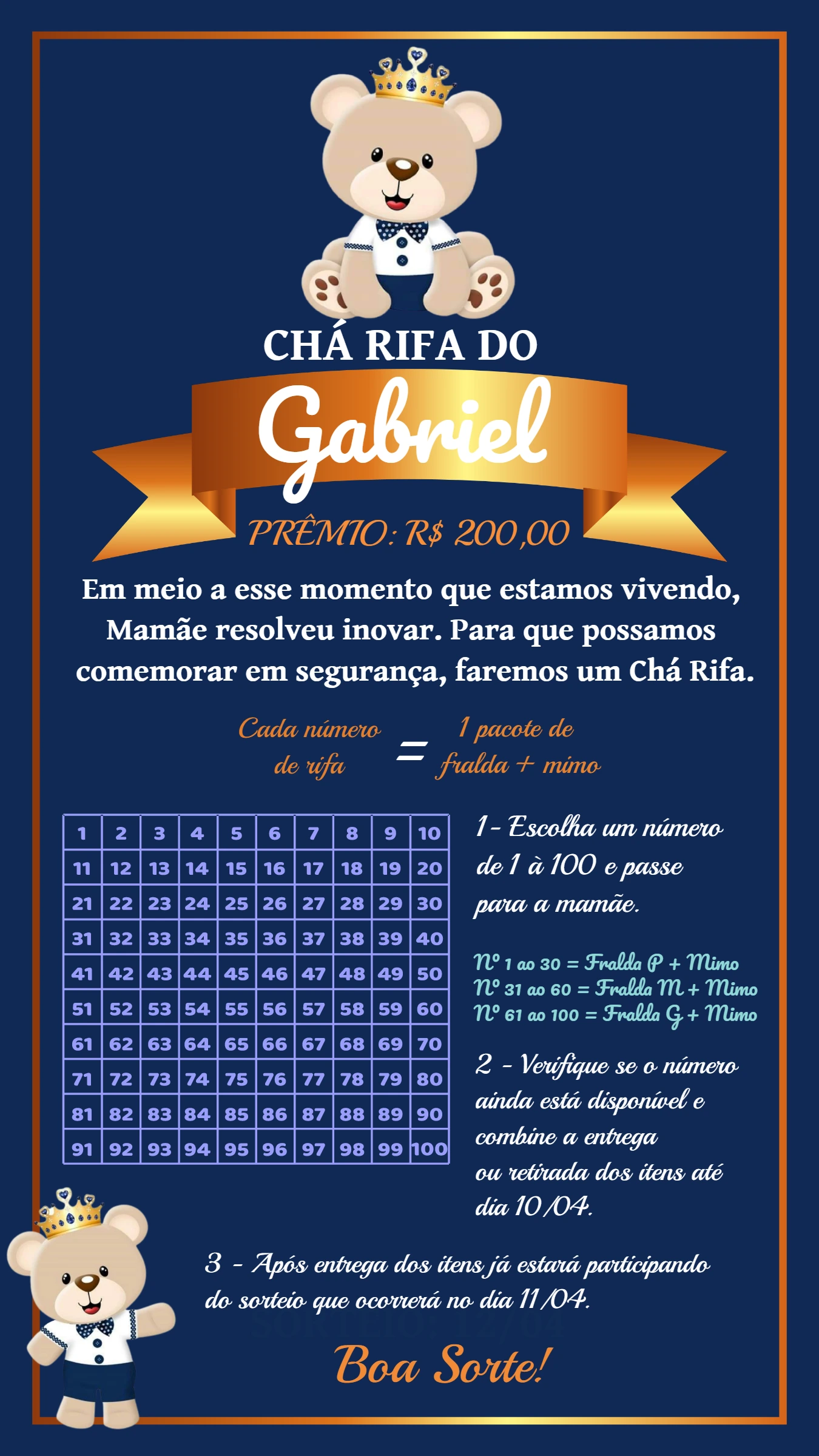 Convite Chá Rifa Ursinho Príncipe para Editar Online