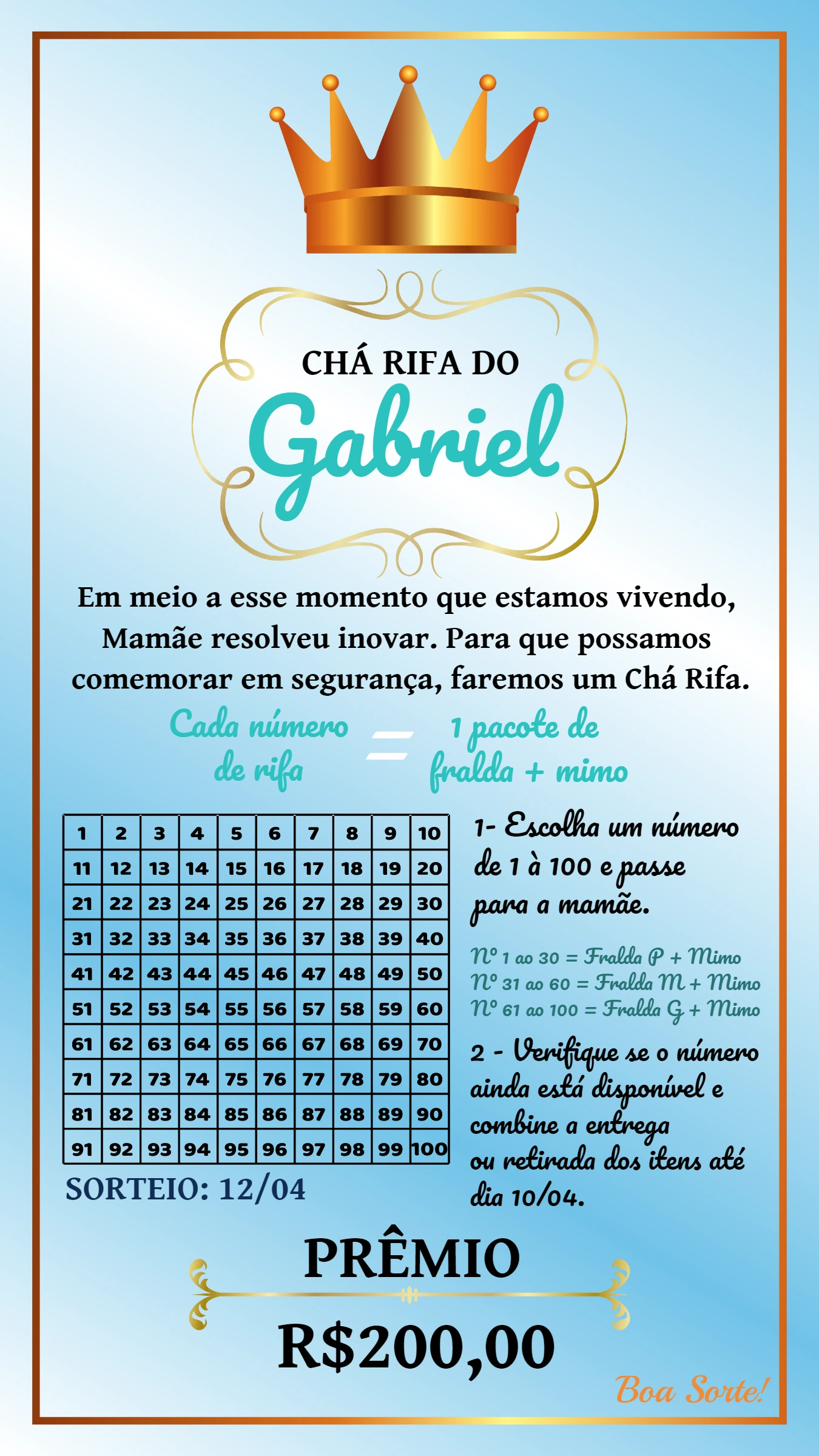 Convite Chá Rifa Príncipe com Coroa Dourada para Editar Online