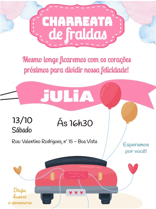Convite Charreata de Fraldas Menina Carro Rosa para Editar