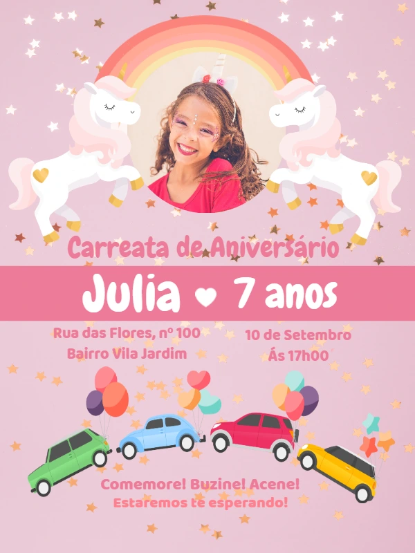Convite Carreata de Aniversário Unicórnio com Foto para Editar
