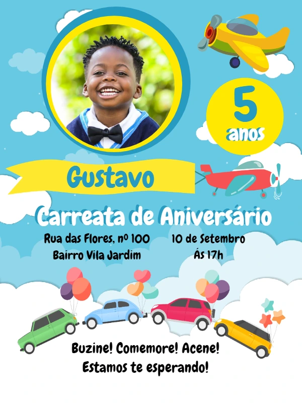 Convite Carreata de Aniversário Avião com Foto para Editar