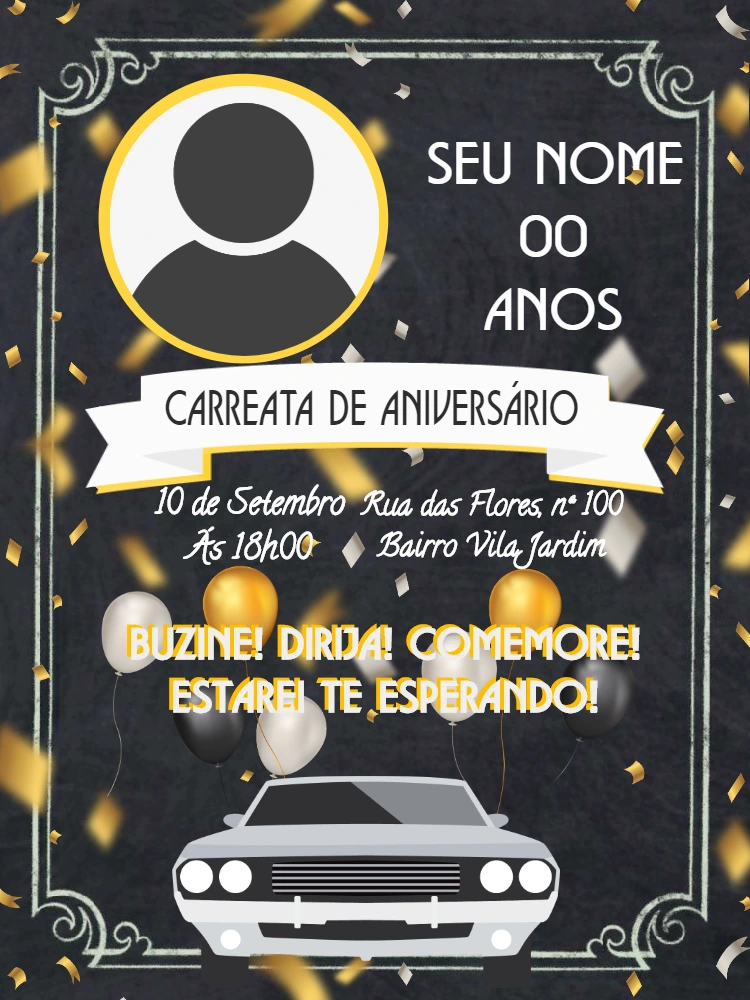 Convite Carreata de Aniversário com Carro Clássico para Editar