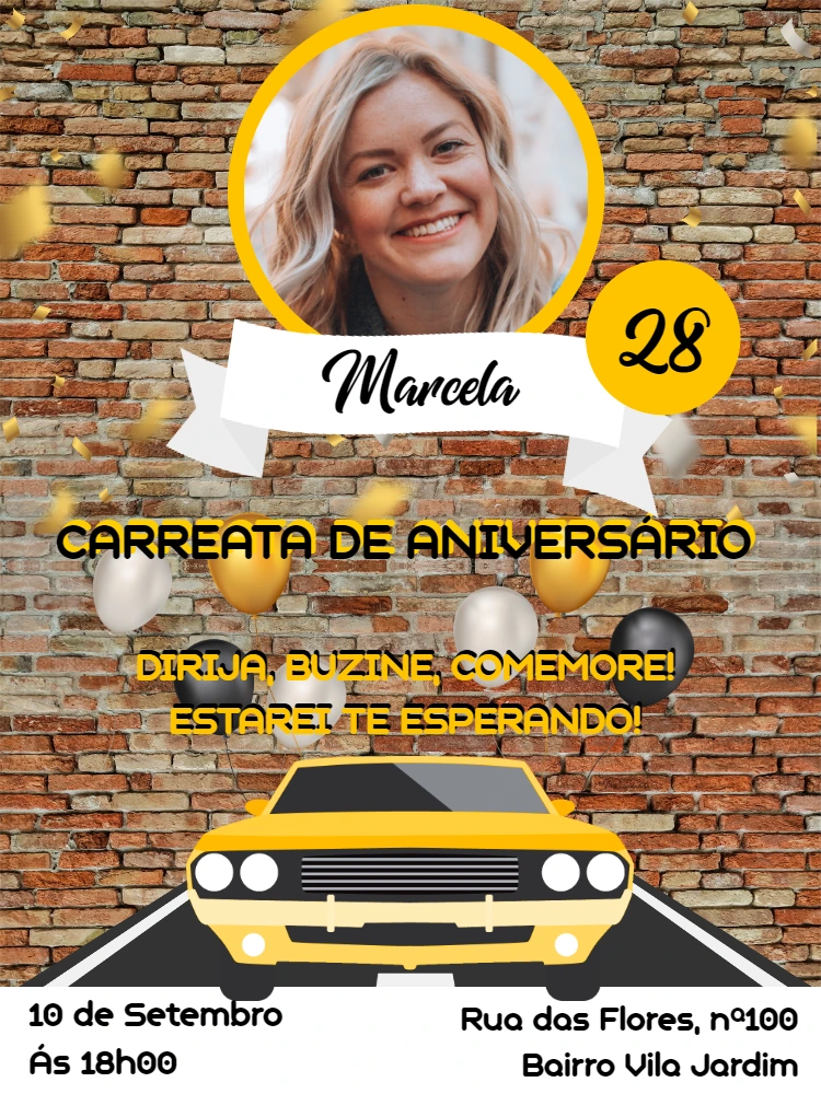Convite de Aniversário Carreata com Foto para Editar Online