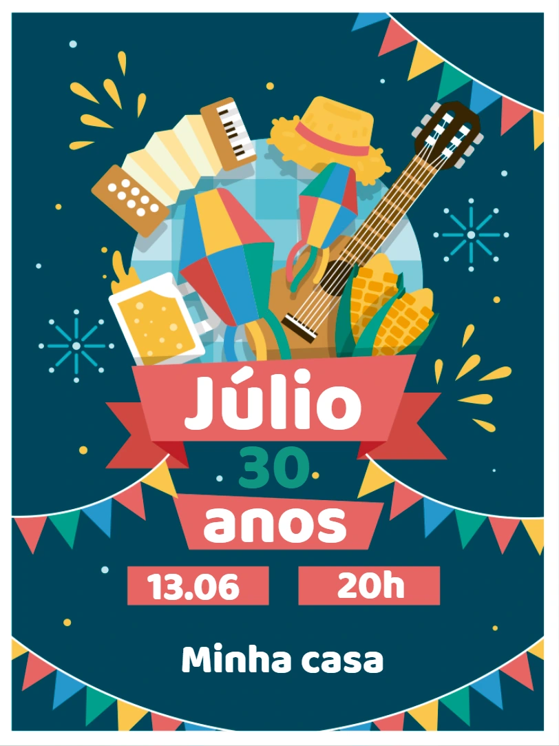 Convite Aniversário Festa Junina com Ícones Típicos Editável