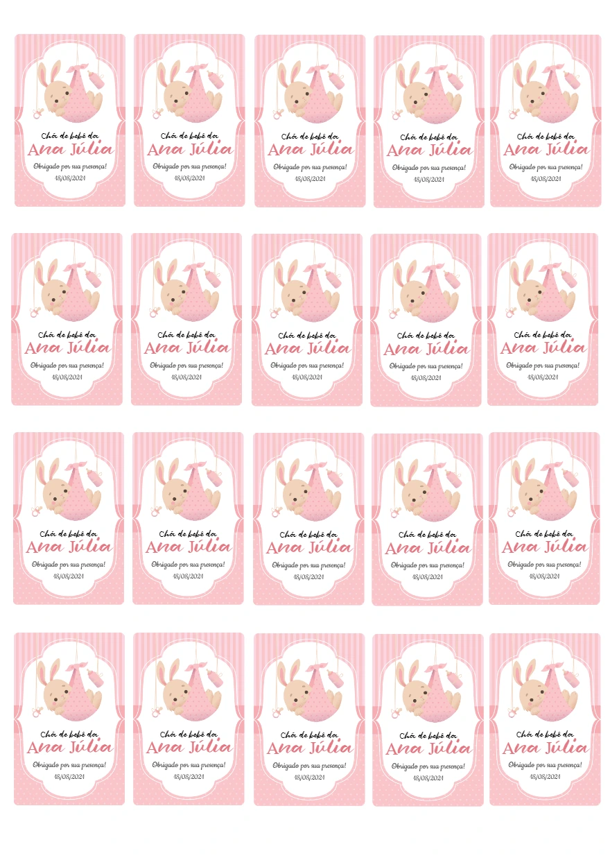 Tag Chá de Bebê Coelhinha Rosa para Editar e Imprimir