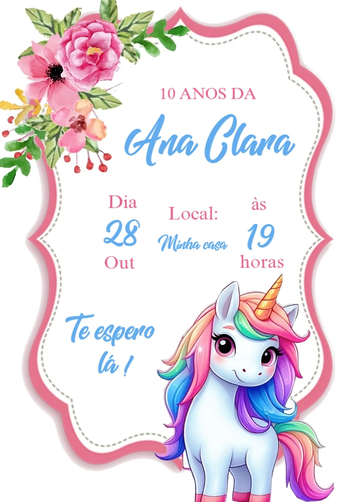 Convite de Aniversário Unicórnio Fofo para Editar Online