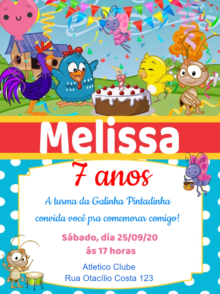 Convite de Aniversário Galinha Pintadinha com a Turma para Editar