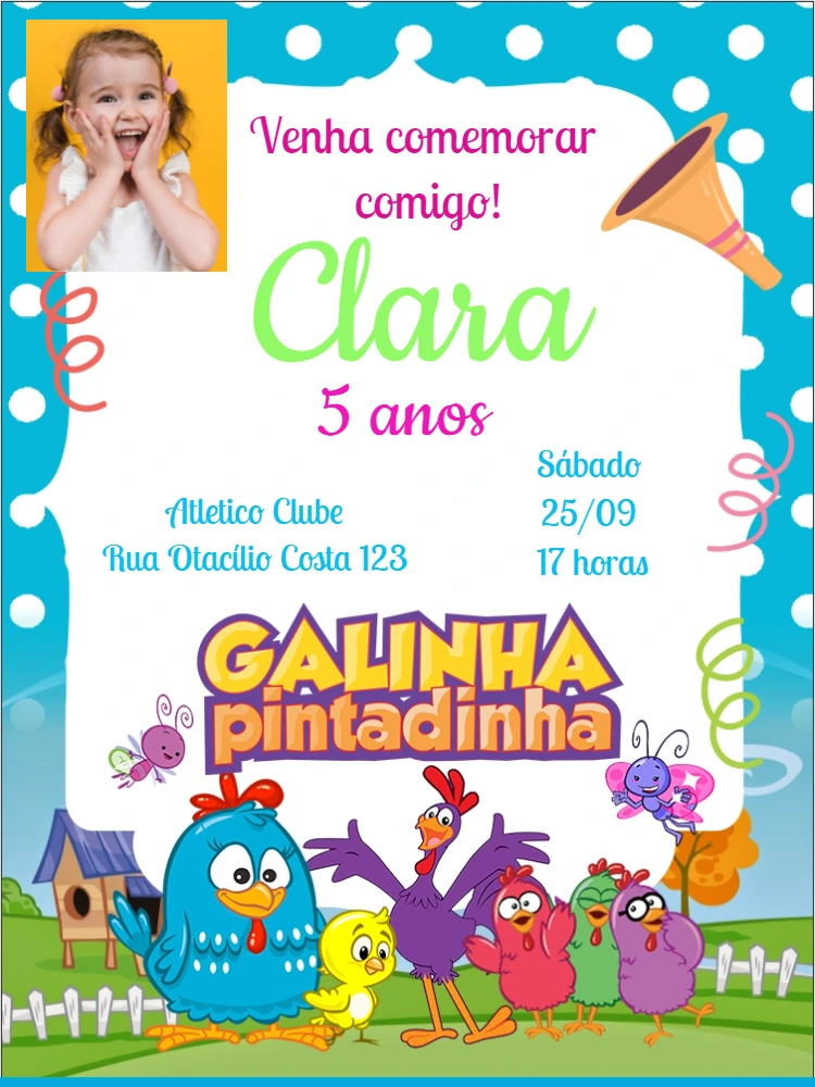 Convite Aniversário Galinha Pintadinha com Foto para Editar