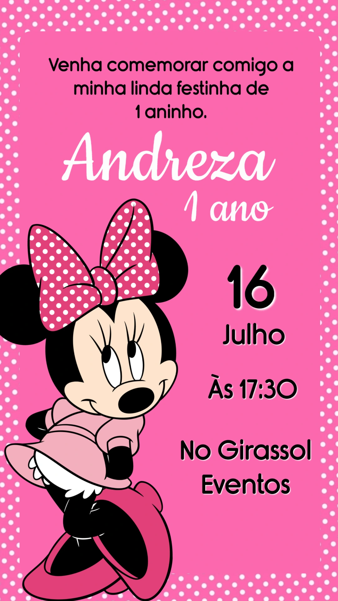 Convite Animado Aniversário Minnie Rosa para Editar Online