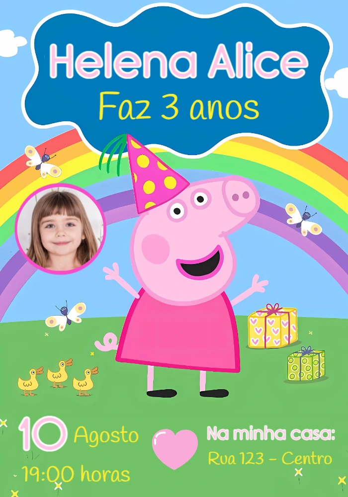 Convite Aniversário Peppa Pig com Foto para Editar Online