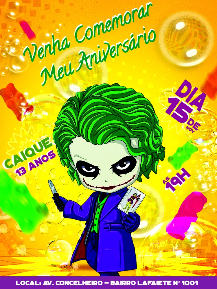 Convite de Aniversário Tema Coringa para Editar Online