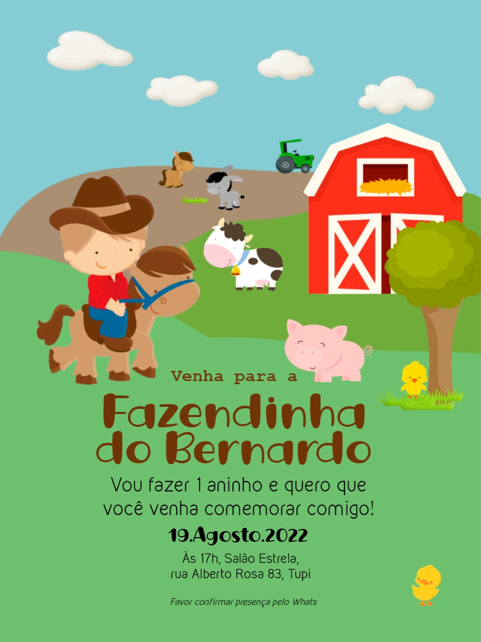 Convite Aniversário Fazendinha Menino para Editar Online