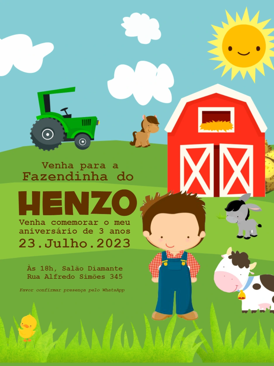 Convite Aniversário Fazendinha com Animais para Editar Online