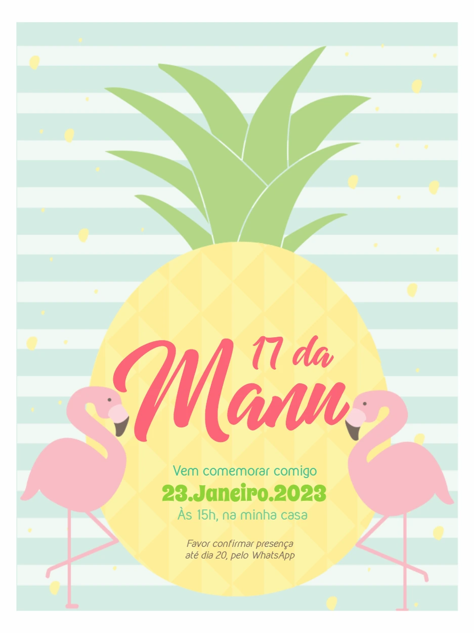Convite Aniversário Flamingo e Abacaxi para Editar Online