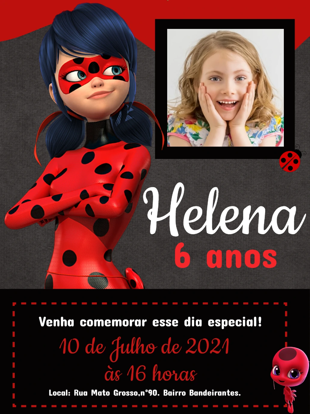 Convite Aniversário Ladybug Miraculous com Foto para Editar