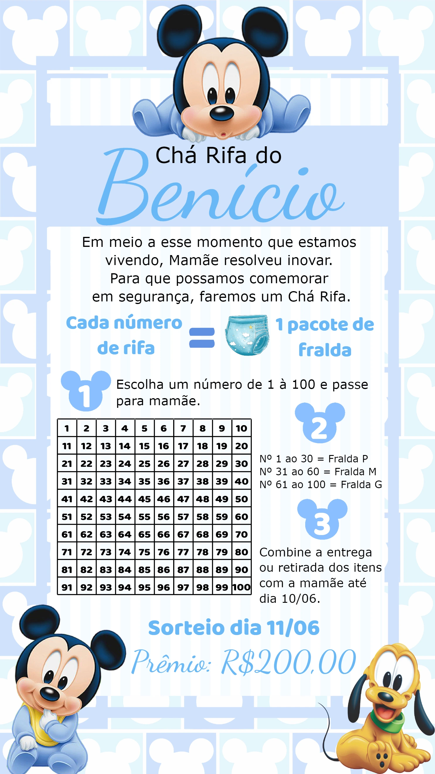 Convite Chá Rifa Mickey Baby Editável Online para Imprimir