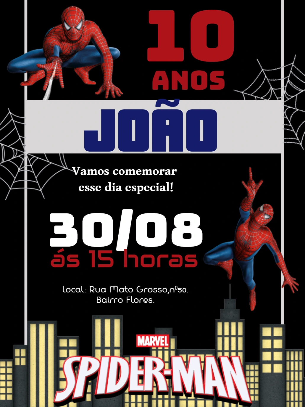 Convite de Aniversário Homem Aranha para Editar Online
