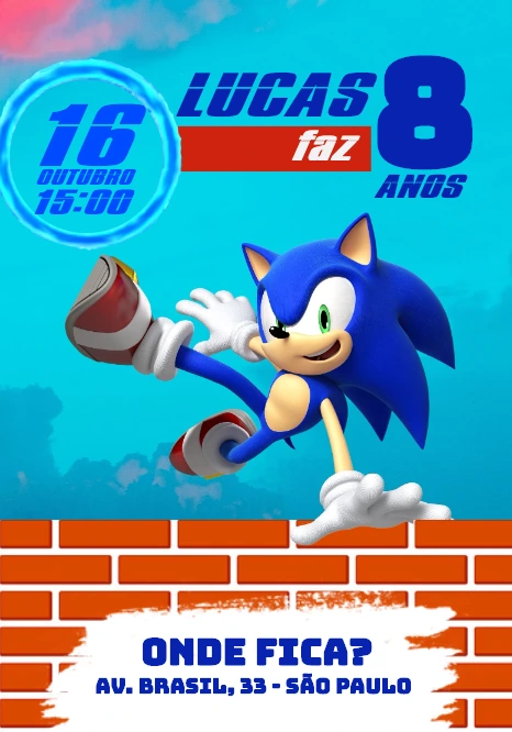 Convite de Aniversário Sonic Editável para Enviar Online