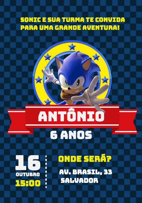 Convite de Aniversário Sonic para Editar Online