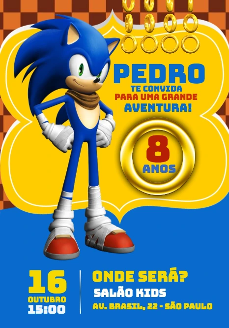 Convite de Aniversário Sonic para Editar Online