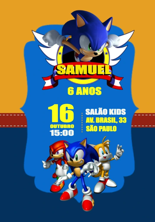 Convite Aniversário Sonic com Personagens para Editar Online
