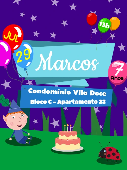 Convite Aniversário Ben & Holly com Duende para Editar Online