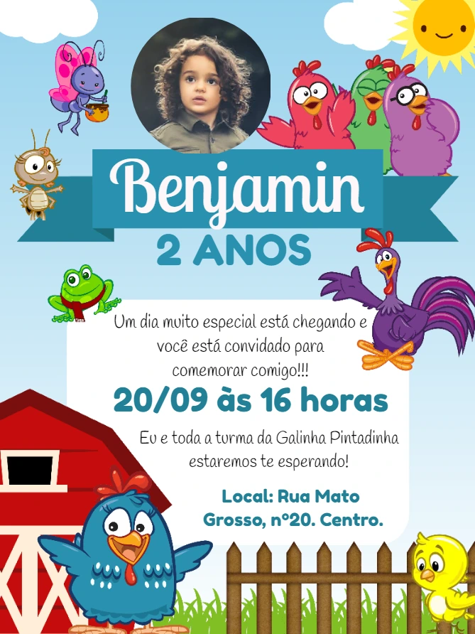 Convite Aniversário Galinha Pintadinha com Foto para Editar