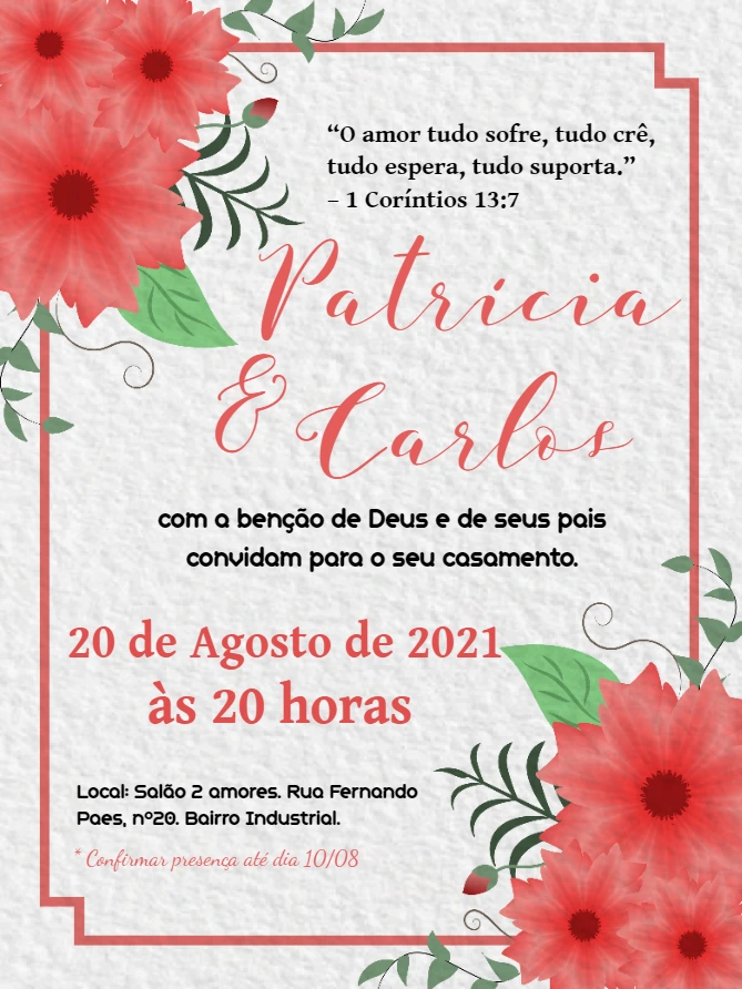 Convite de Casamento Floral Vermelho para Editar Online