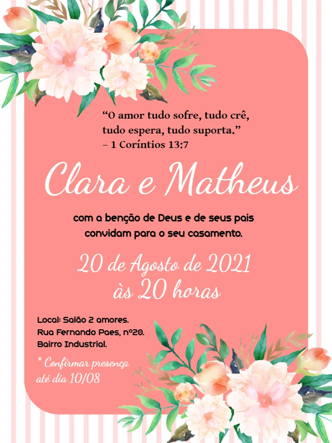 Convite de Casamento Floral Rosa para Editar Online e Imprimir