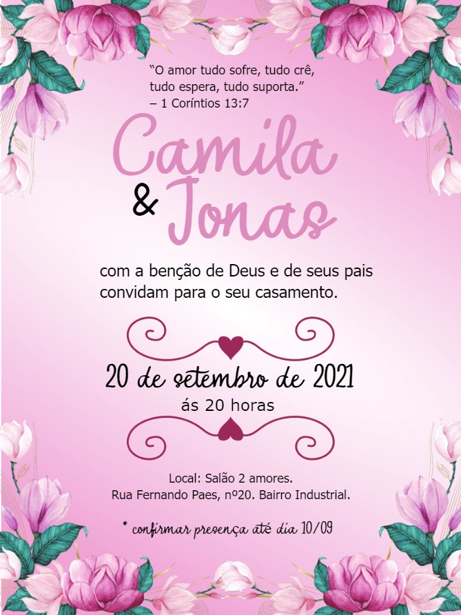 Convite de Casamento Floral Rosa Delicado para Editar Online