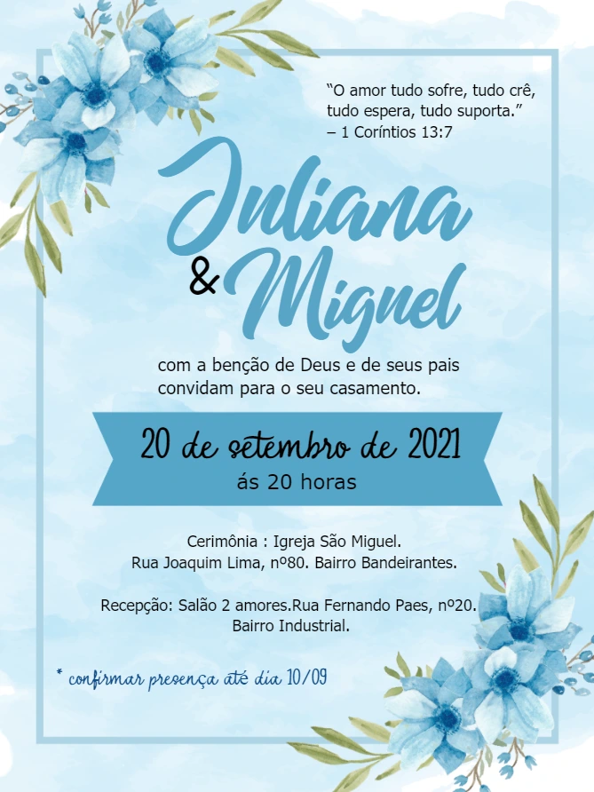 Convite de Casamento Floral Azul para Editar Online e Imprimir