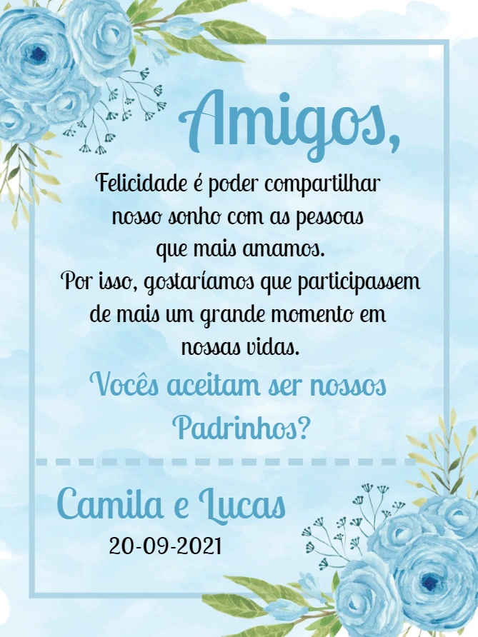 Convite Padrinhos de Casamento Floral Azul para Editar Online