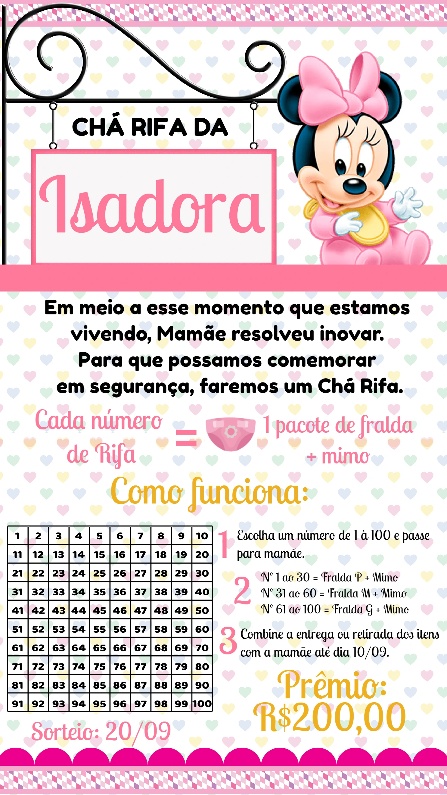 Convite Chá Rifa Minnie Baby Rosa para Editar Online