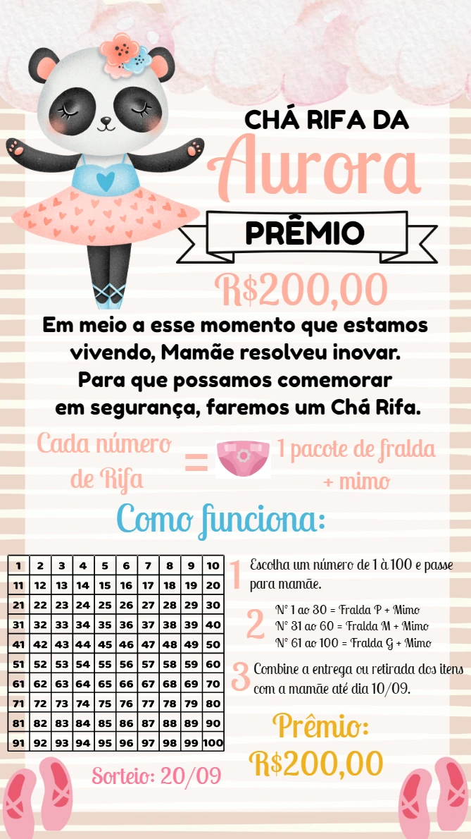 Chá Rifa Panda Bailarina Convite Editável Online